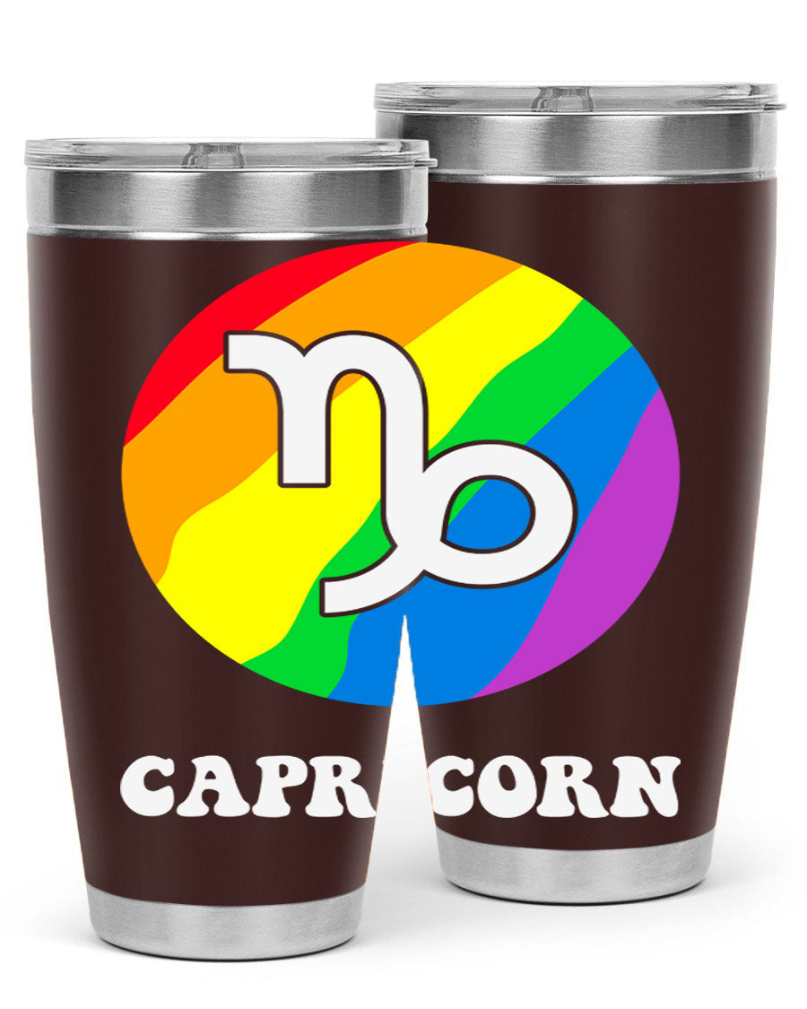 Capricorn LGBT Pride Tumbler featuring vibrant colors and a sleek stainless steel design, perfect for hot and cold beverages.