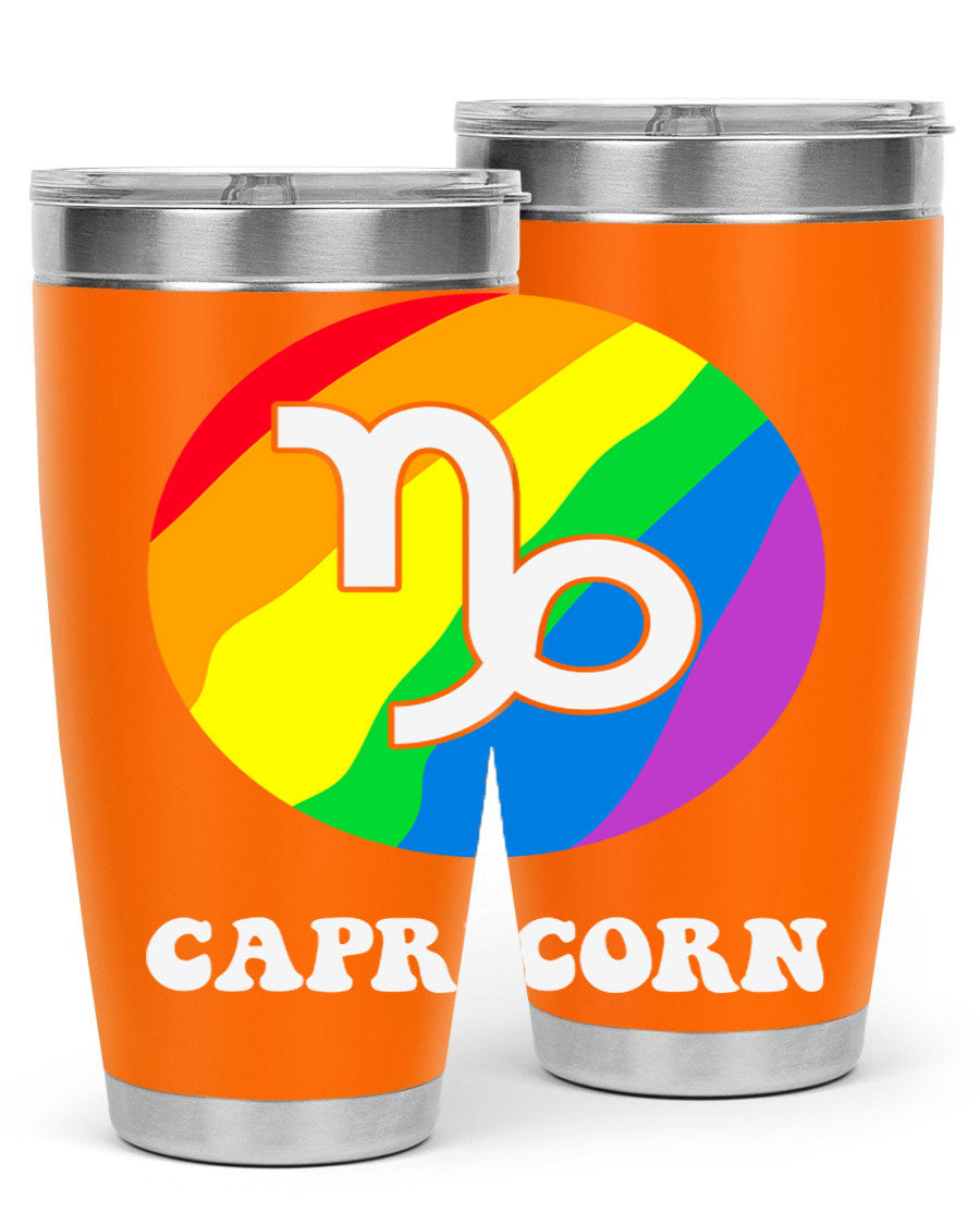 Capricorn LGBT Pride Tumbler featuring vibrant colors and a sleek stainless steel design, perfect for hot and cold beverages.