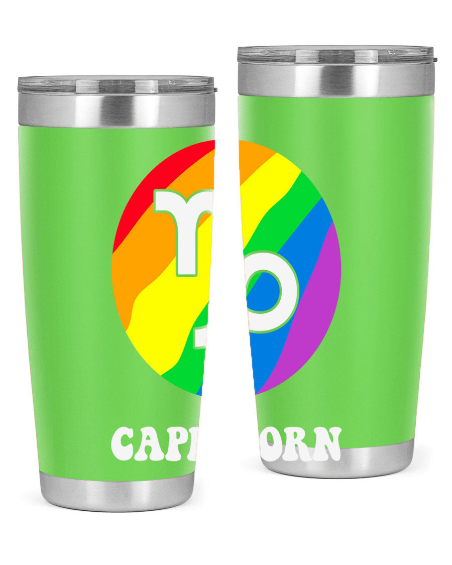 Capricorn LGBT Pride Tumbler featuring vibrant colors and a sleek stainless steel design, perfect for hot and cold beverages.