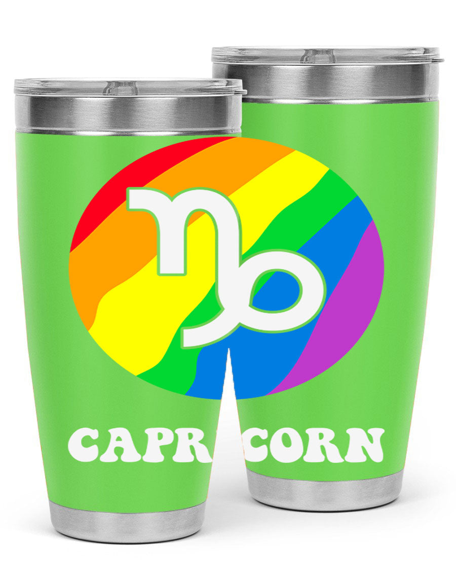 Capricorn LGBT Pride Tumbler featuring vibrant colors and a sleek stainless steel design, perfect for hot and cold beverages.