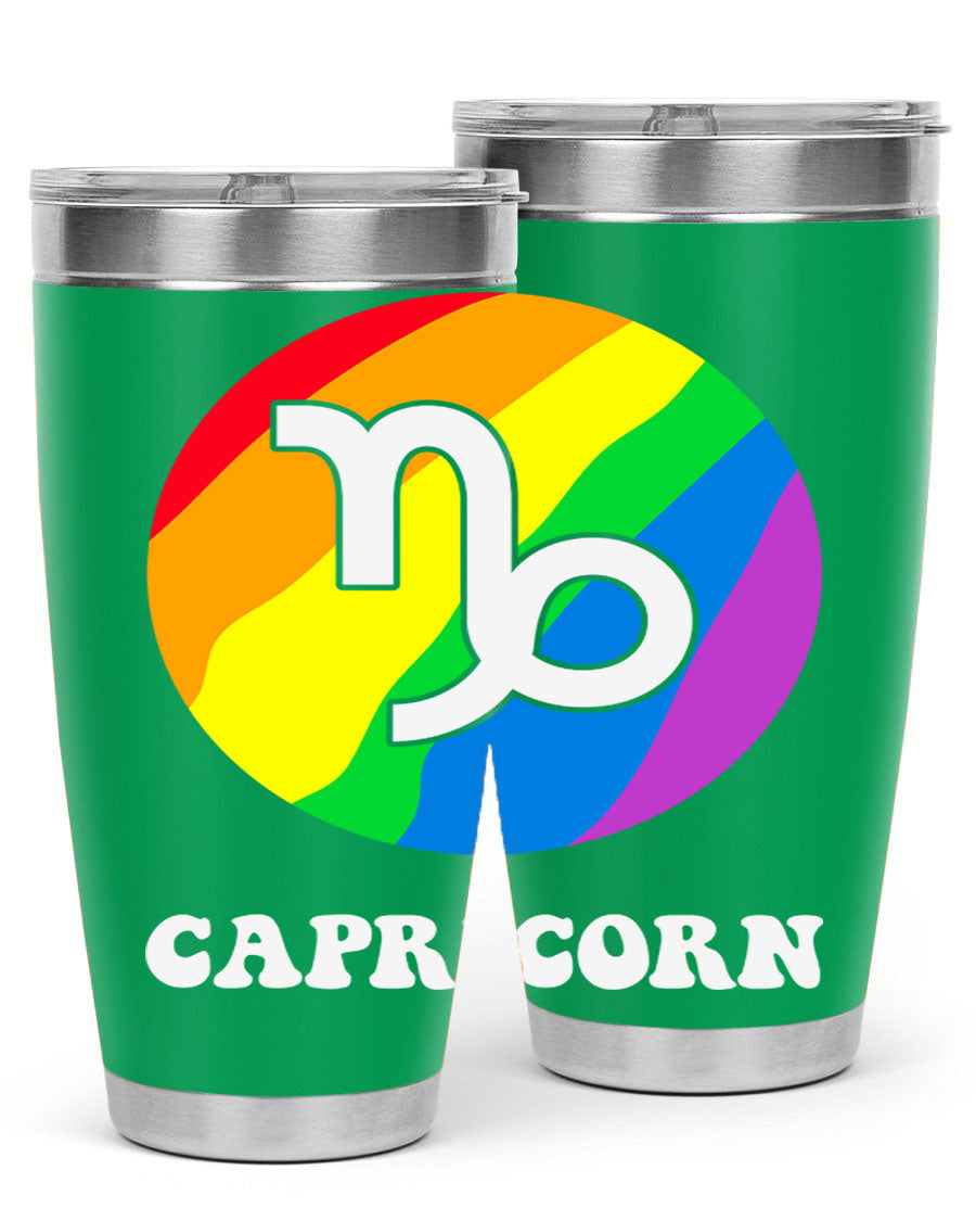 Capricorn LGBT Pride Tumbler featuring vibrant colors and a sleek stainless steel design, perfect for hot and cold beverages.