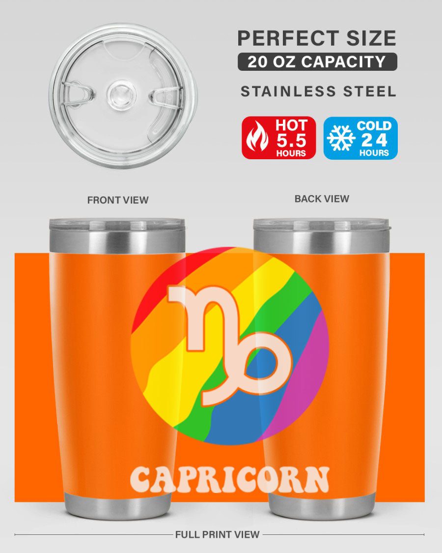 Capricorn LGBT Pride Tumbler featuring vibrant colors and a sleek stainless steel design, perfect for hot and cold beverages.