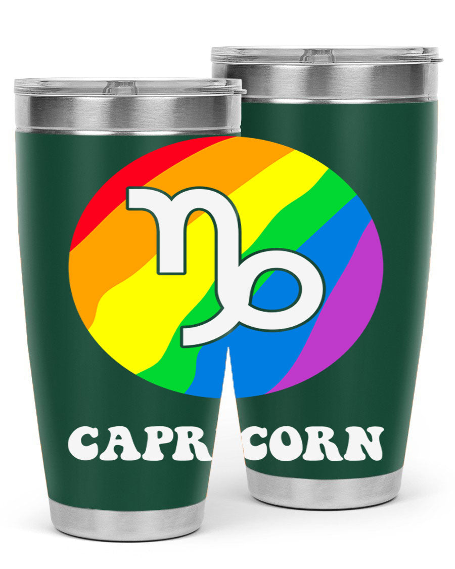 Capricorn LGBT Pride Tumbler featuring vibrant colors and a sleek stainless steel design, perfect for hot and cold beverages.