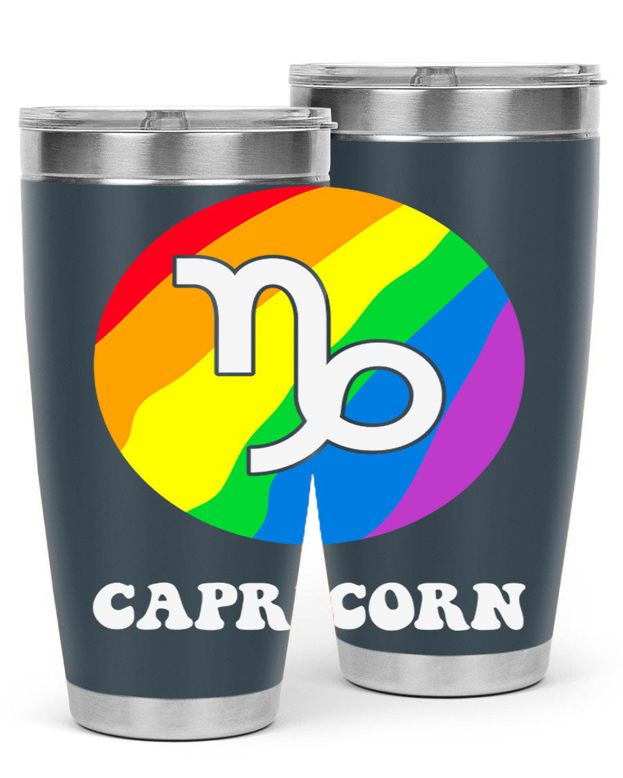 Capricorn LGBT Pride Tumbler featuring vibrant colors and a sleek stainless steel design, perfect for hot and cold beverages.