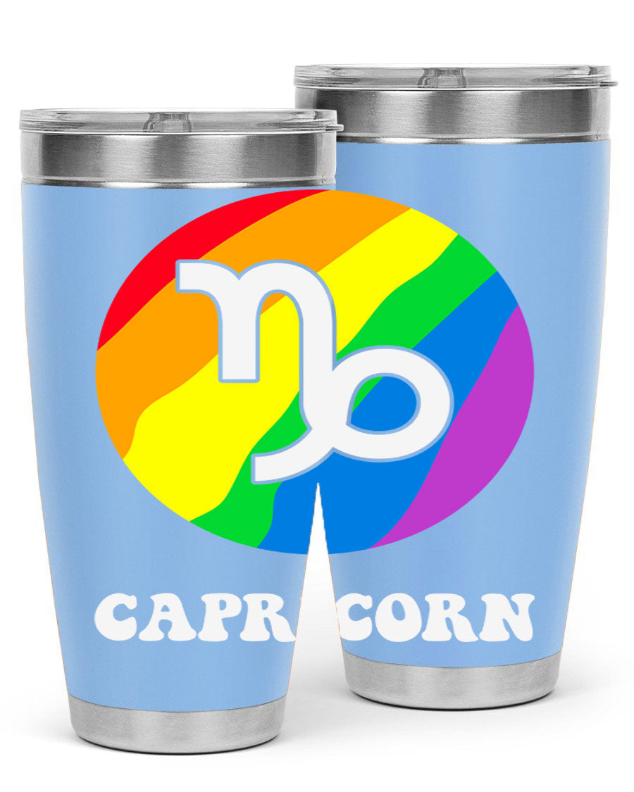 Capricorn LGBT Pride Tumbler featuring vibrant colors and a sleek stainless steel design, perfect for hot and cold beverages.