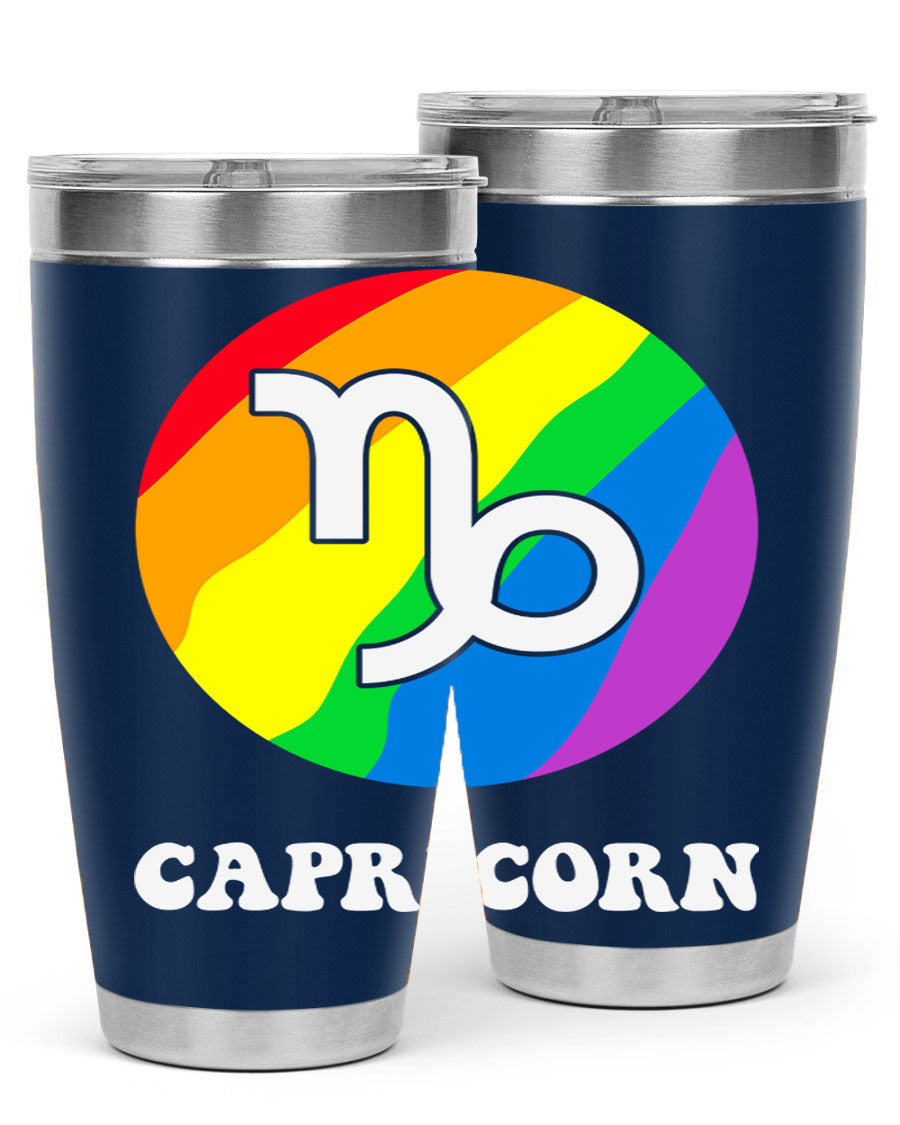 Capricorn LGBT Pride Tumbler featuring vibrant colors and a sleek stainless steel design, perfect for hot and cold beverages.
