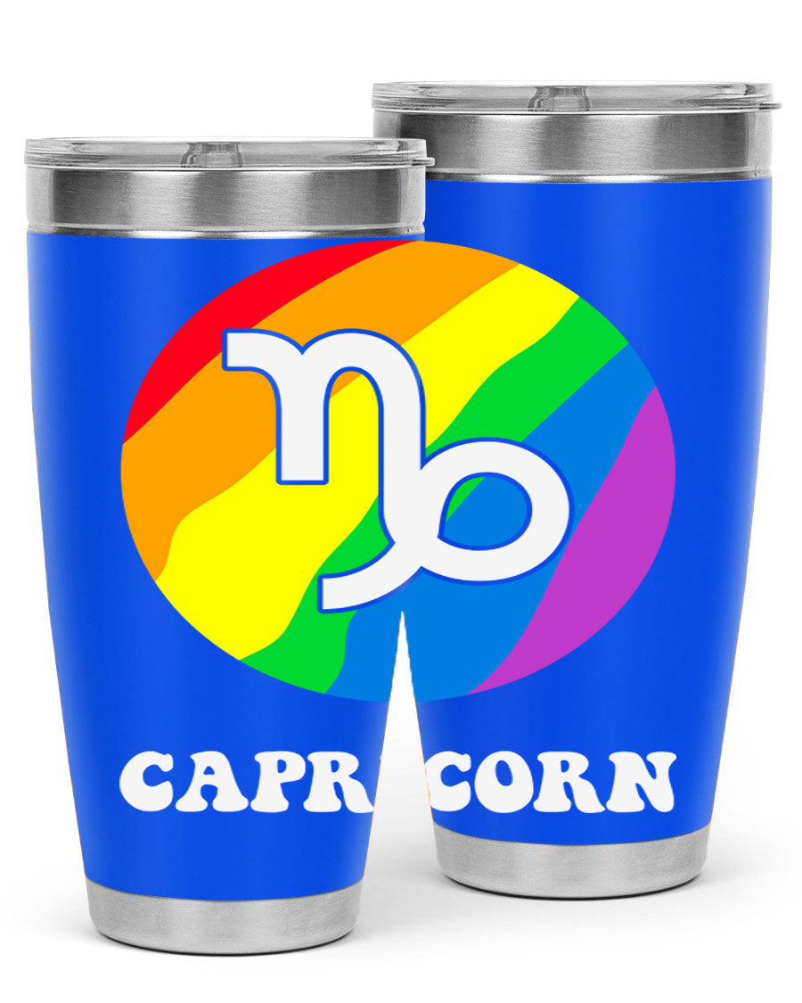 Capricorn LGBT Pride Tumbler featuring vibrant colors and a sleek stainless steel design, perfect for hot and cold beverages.