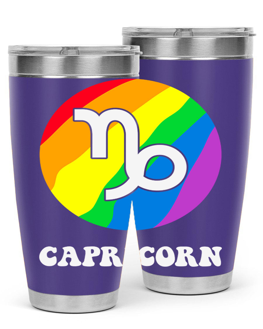 Capricorn LGBT Pride Tumbler featuring vibrant colors and a sleek stainless steel design, perfect for hot and cold beverages.