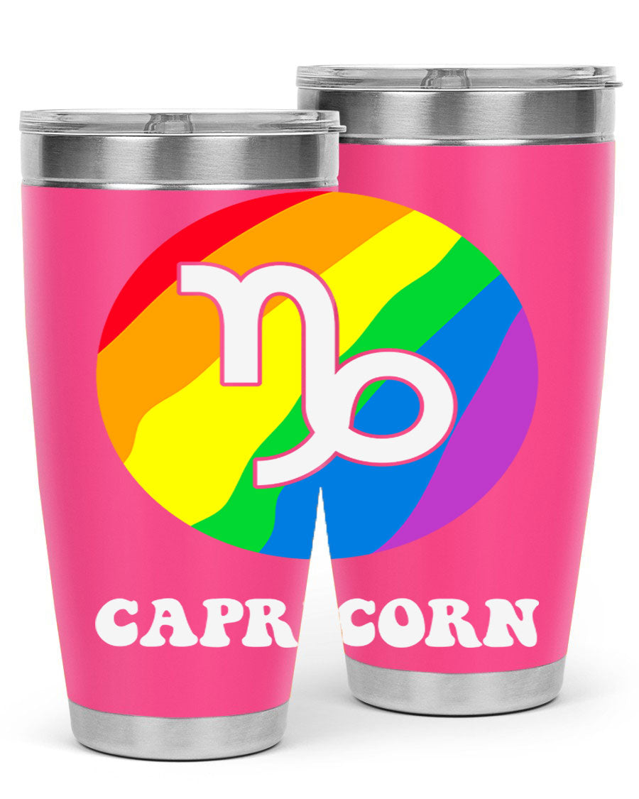 Capricorn LGBT Pride Tumbler featuring vibrant colors and a sleek stainless steel design, perfect for hot and cold beverages.