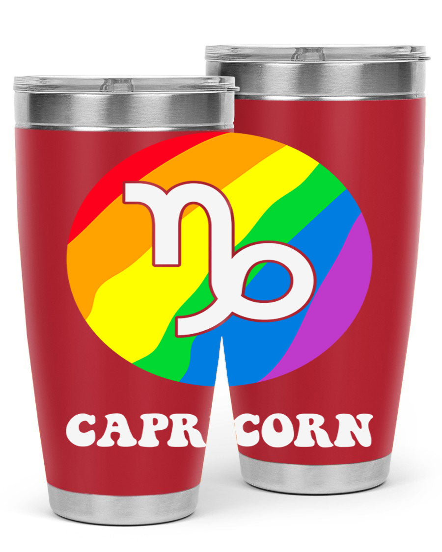 Capricorn LGBT Pride Tumbler featuring vibrant colors and a sleek stainless steel design, perfect for hot and cold beverages.