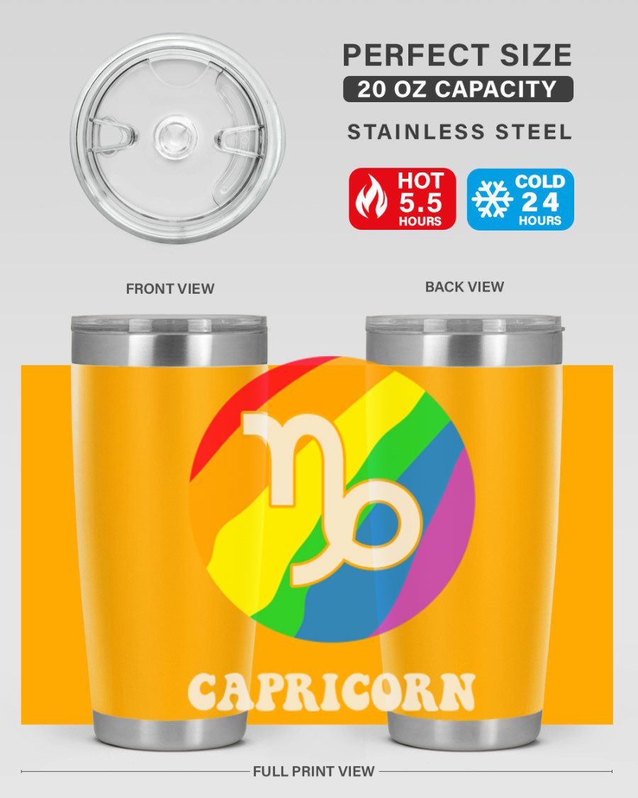 Capricorn LGBT Pride Tumbler featuring vibrant colors and a sleek stainless steel design, perfect for hot and cold beverages.