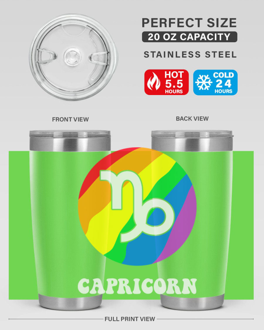 Capricorn LGBT Pride Tumbler featuring vibrant colors and a sleek stainless steel design, perfect for hot and cold beverages.