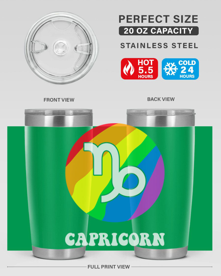 Capricorn LGBT Pride Tumbler featuring vibrant colors and a sleek stainless steel design, perfect for hot and cold beverages.