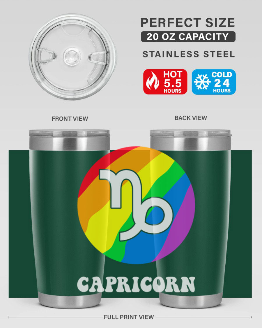 Capricorn LGBT Pride Tumbler featuring vibrant colors and a sleek stainless steel design, perfect for hot and cold beverages.