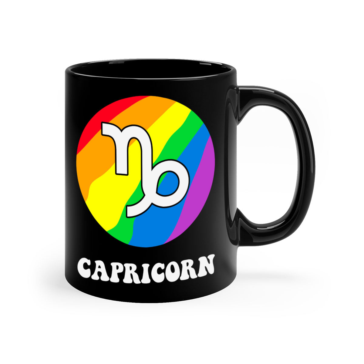 Capricorn LGBT Pride Mug with colorful handle and glossy finish, available in multiple colors and sizes.