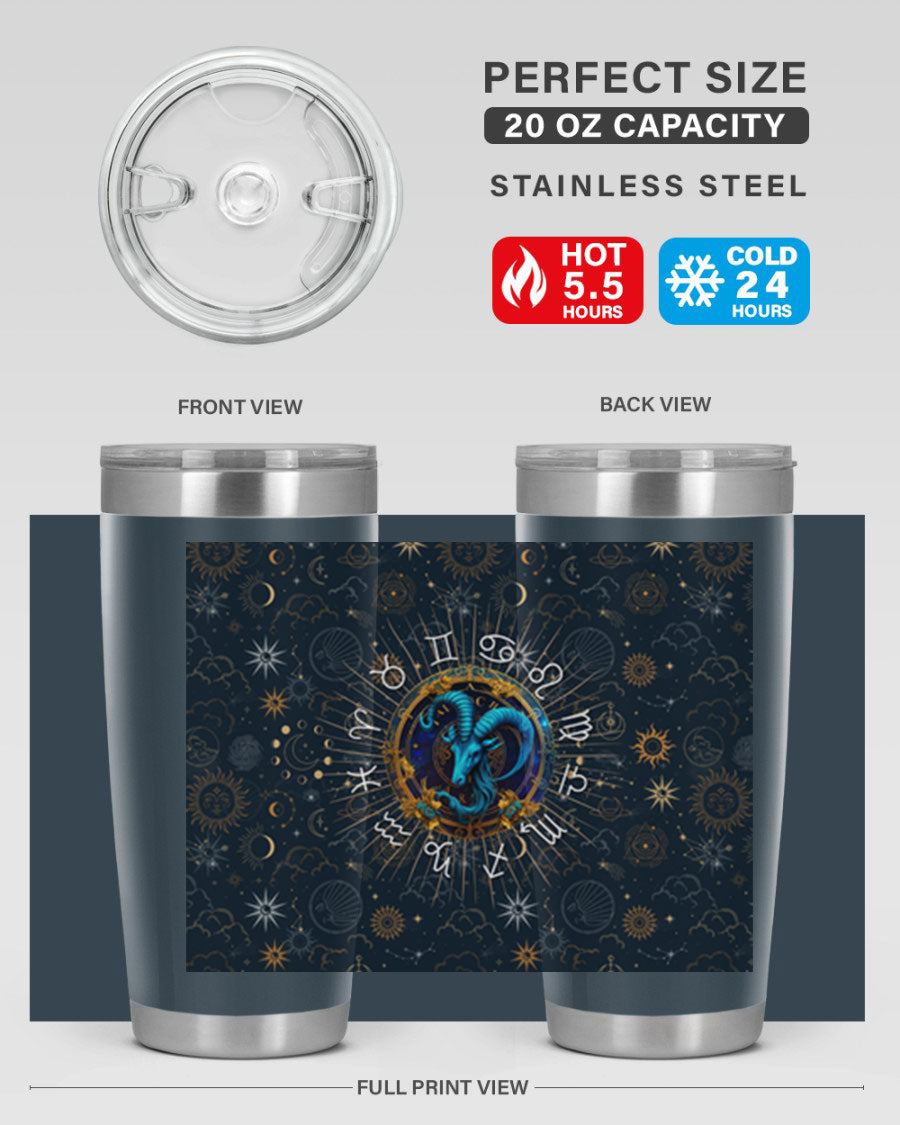 Capricorn Straight 184# Tumbler, a stylish 20oz stainless steel drinkware with a copper lining and drink-thru lid, perfect for hot and cold beverages.