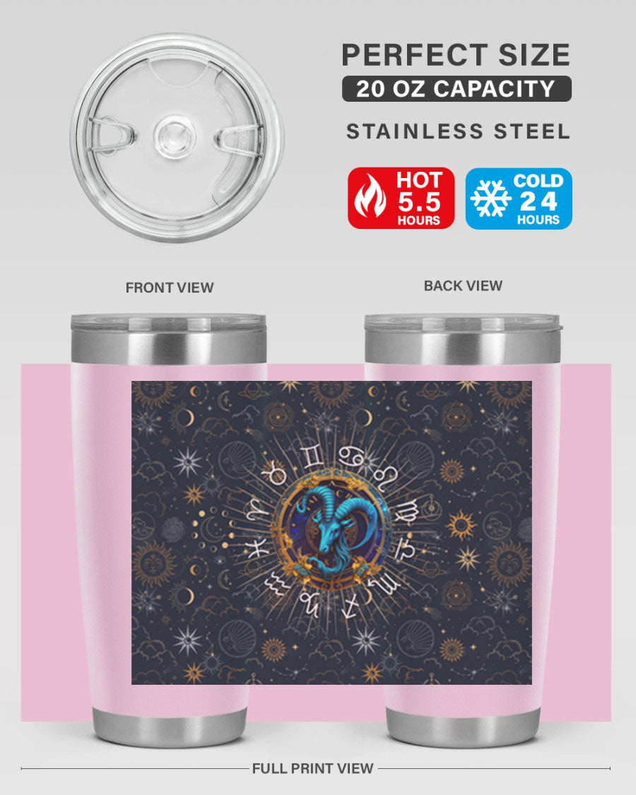 Capricorn Straight 184# Tumbler, a stylish 20oz stainless steel drinkware with a copper lining and drink-thru lid, perfect for hot and cold beverages.