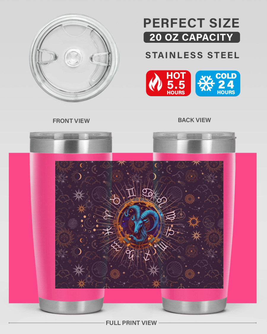 Capricorn Straight 184# Tumbler, a stylish 20oz stainless steel drinkware with a copper lining and drink-thru lid, perfect for hot and cold beverages.