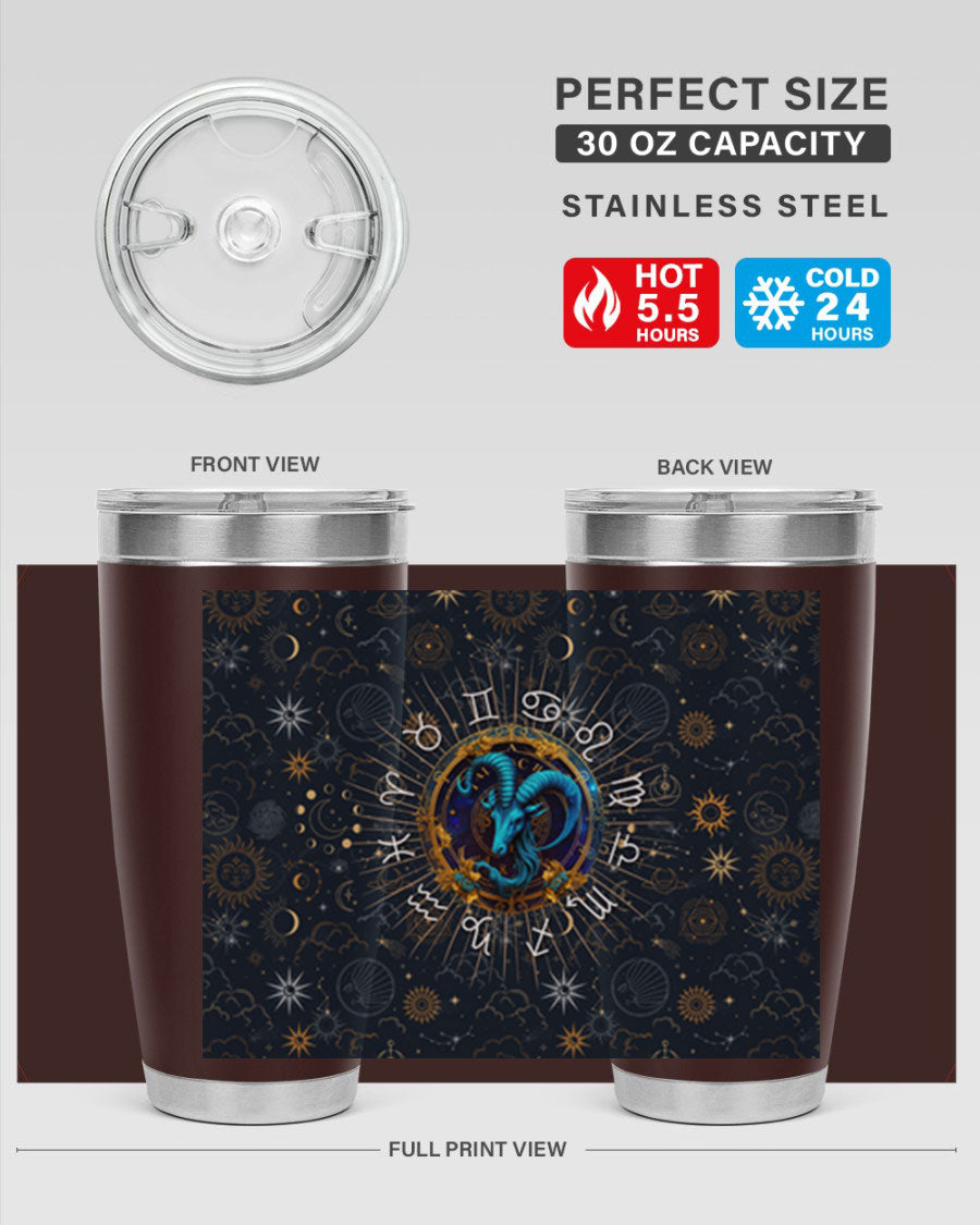Capricorn Straight 184# Tumbler, a stylish 20oz stainless steel drinkware with a copper lining and drink-thru lid, perfect for hot and cold beverages.