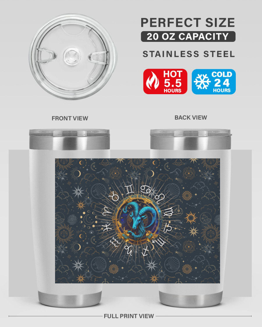 Capricorn Straight 184# Tumbler, a stylish 20oz stainless steel drinkware with a copper lining and drink-thru lid, perfect for hot and cold beverages.