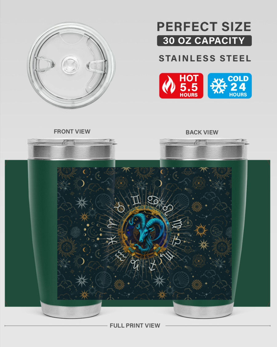 Capricorn Straight 184# Tumbler, a stylish 20oz stainless steel drinkware with a copper lining and drink-thru lid, perfect for hot and cold beverages.