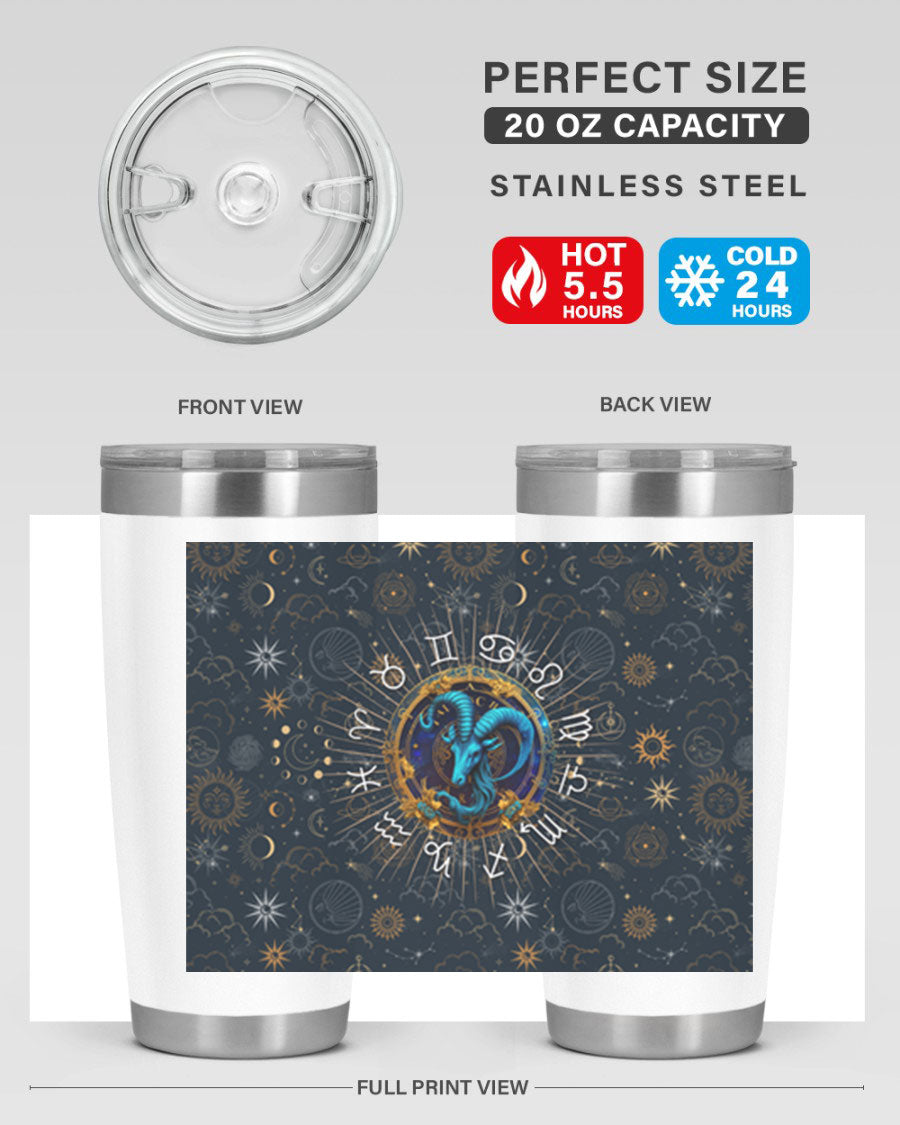 Capricorn Straight 184# Tumbler, a stylish 20oz stainless steel drinkware with a copper lining and drink-thru lid, perfect for hot and cold beverages.