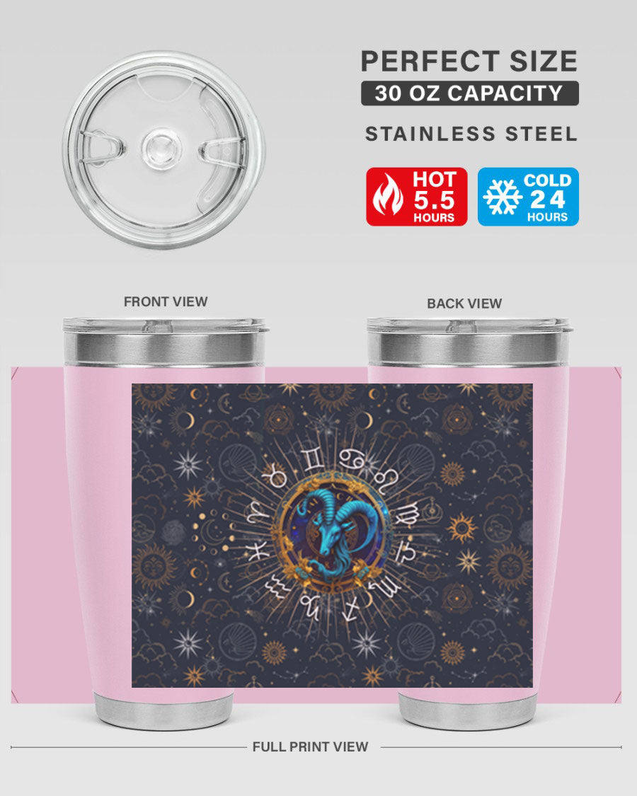 Capricorn Straight 184# Tumbler, a stylish 20oz stainless steel drinkware with a copper lining and drink-thru lid, perfect for hot and cold beverages.