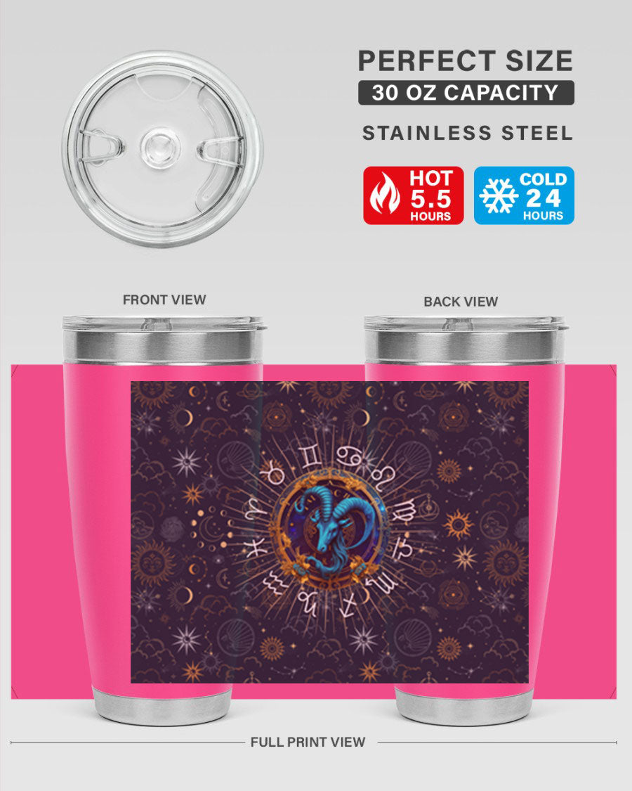 Capricorn Straight 184# Tumbler, a stylish 20oz stainless steel drinkware with a copper lining and drink-thru lid, perfect for hot and cold beverages.