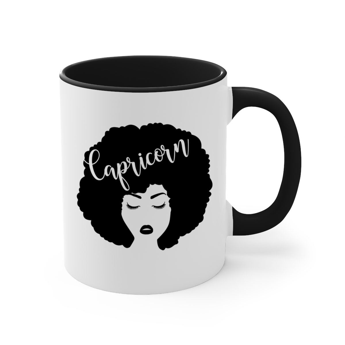 A stylish black ceramic mug with a colored handle and interior, designed for Black women, showcasing a glossy finish.