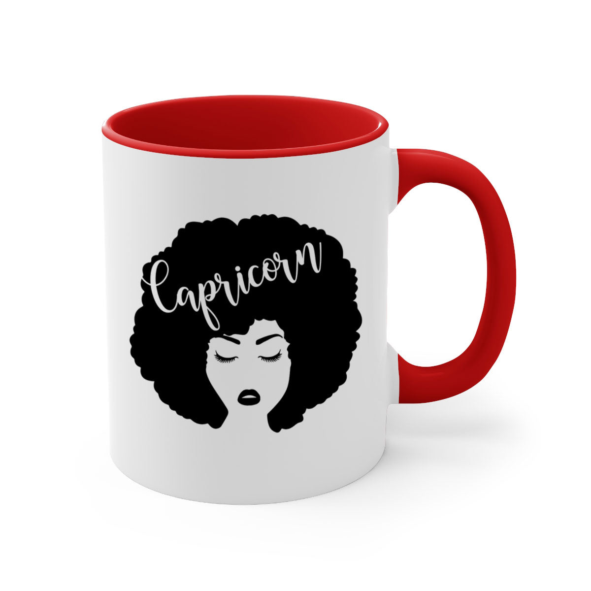A stylish black ceramic mug with a colored handle and interior, designed for Black women, showcasing a glossy finish.