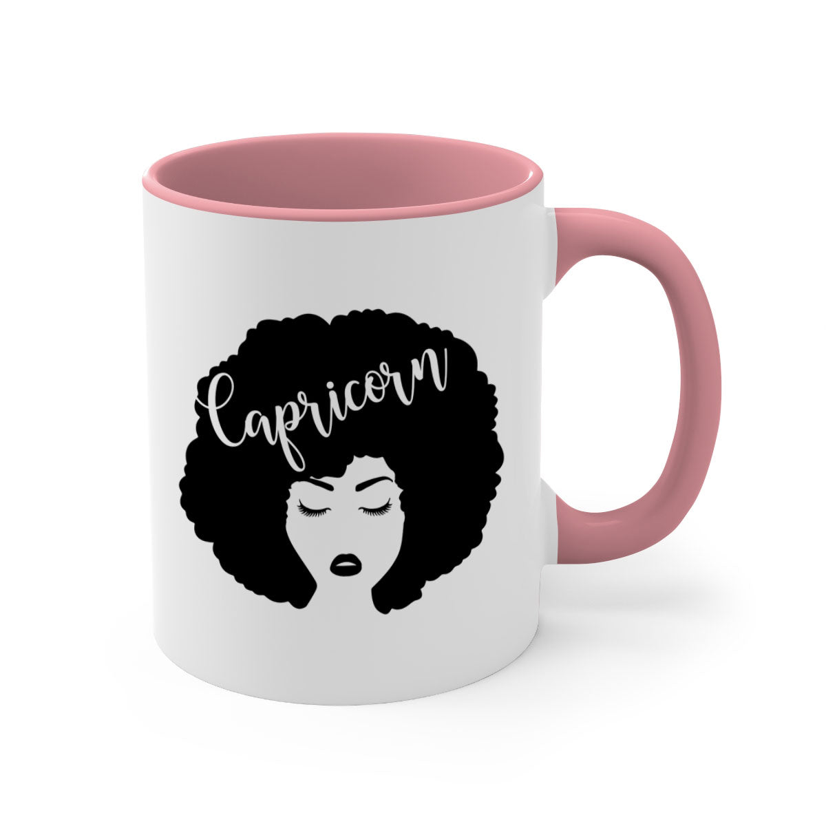 A stylish black ceramic mug with a colored handle and interior, designed for Black women, showcasing a glossy finish.