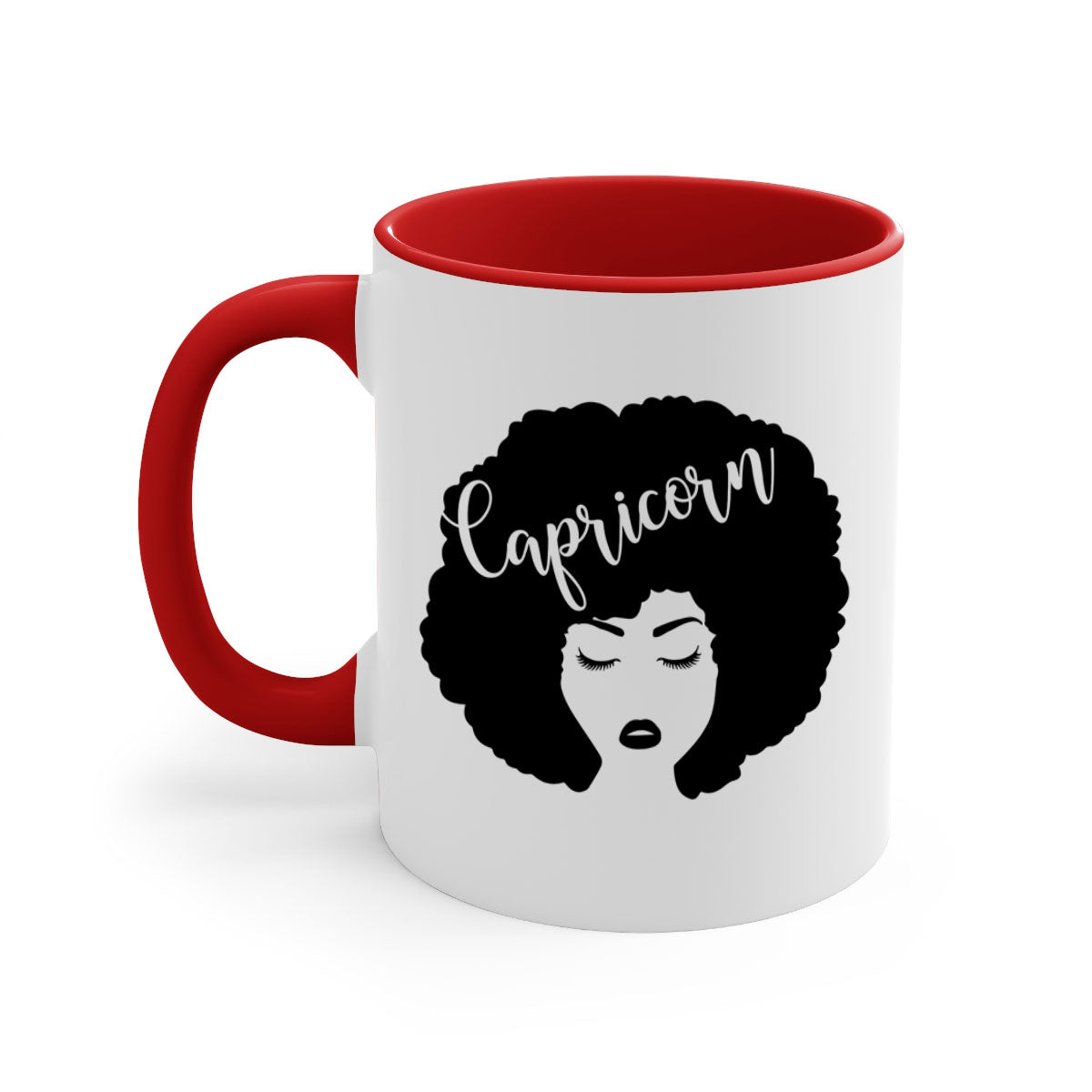 A stylish black ceramic mug with a colored handle and interior, designed for Black women, showcasing a glossy finish.