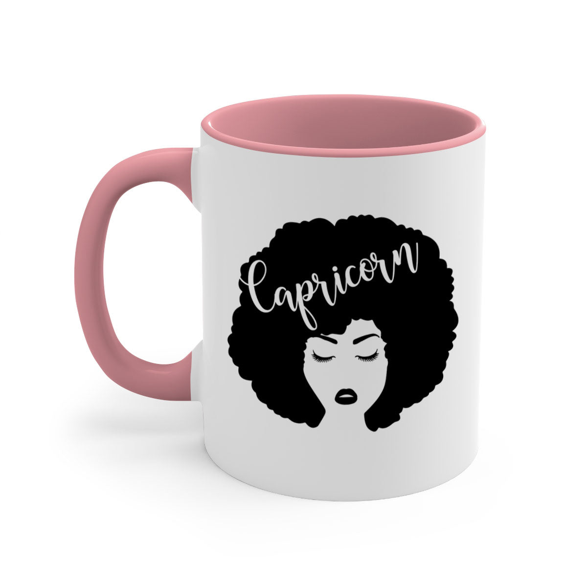 A stylish black ceramic mug with a colored handle and interior, designed for Black women, showcasing a glossy finish.