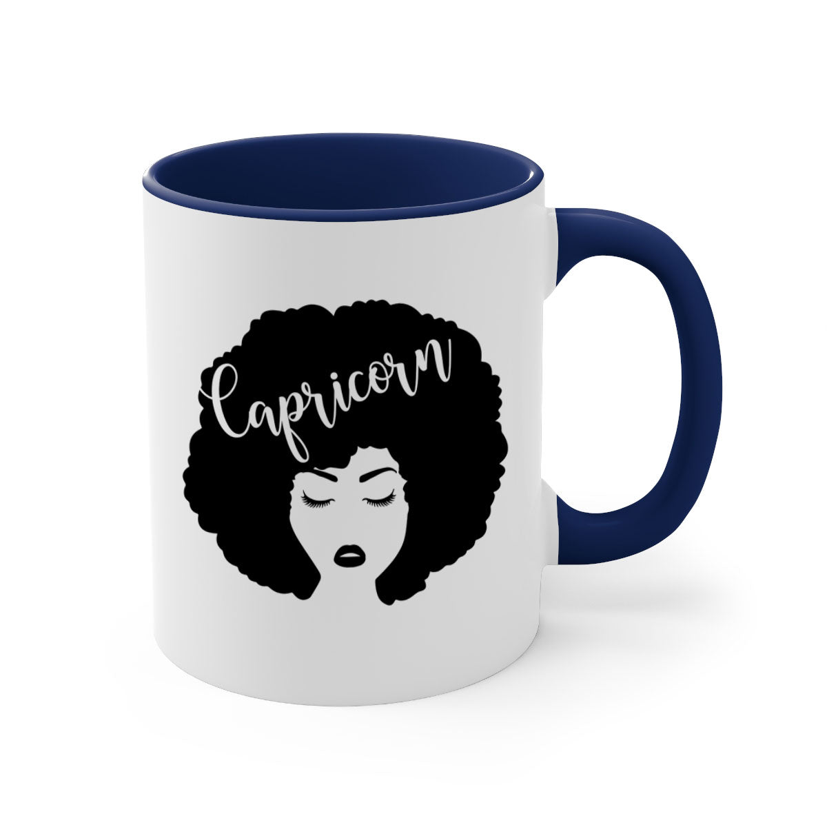 A stylish black ceramic mug with a colored handle and interior, designed for Black women, showcasing a glossy finish.
