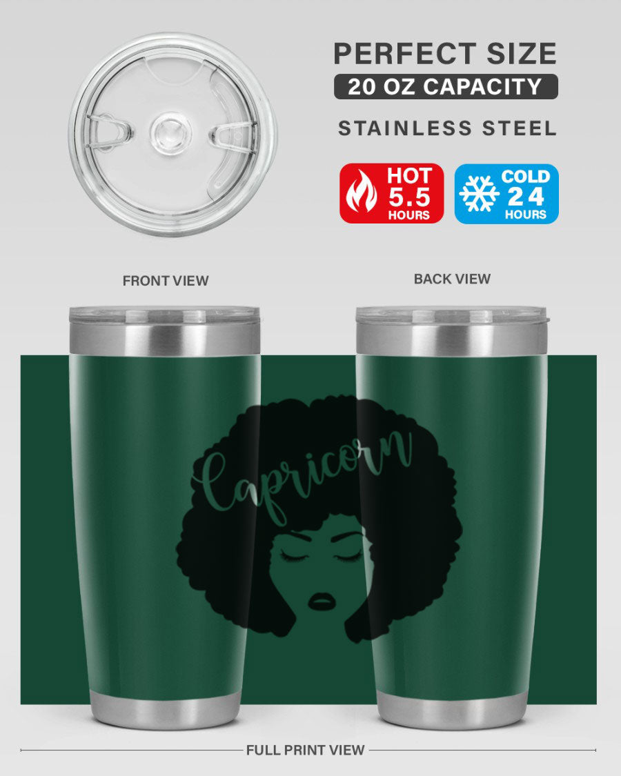 Capricorn52# 20oz Tumbler in stainless steel with a drink-thru lid, showcasing its sleek design and vibrant print.