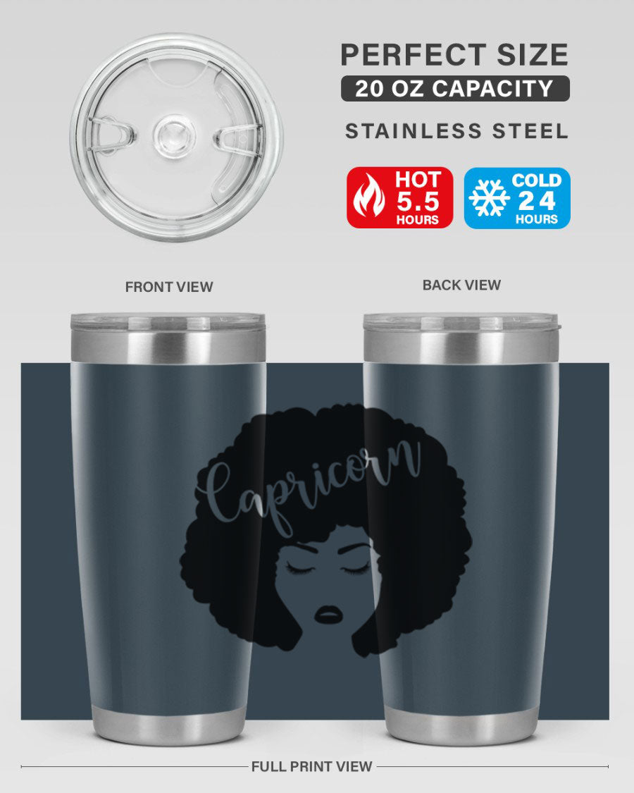 Capricorn52# 20oz Tumbler in stainless steel with a drink-thru lid, showcasing its sleek design and vibrant print.