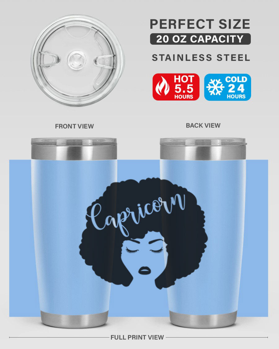 Capricorn52# 20oz Tumbler in stainless steel with a drink-thru lid, showcasing its sleek design and vibrant print.