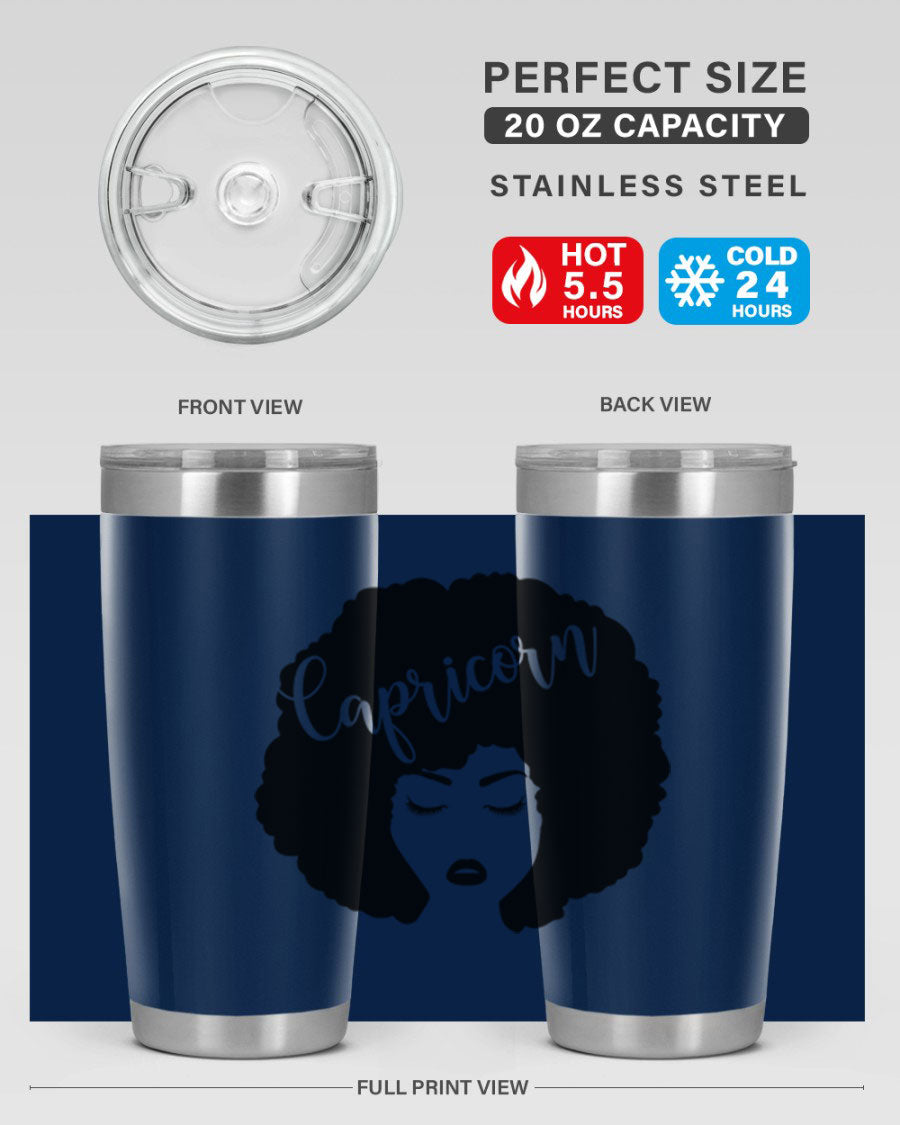 Capricorn52# 20oz Tumbler in stainless steel with a drink-thru lid, showcasing its sleek design and vibrant print.