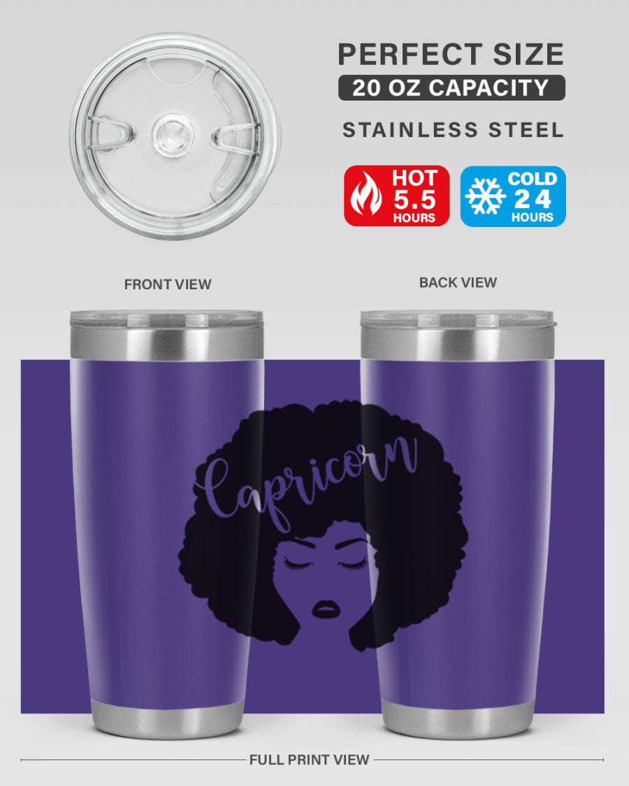 Capricorn52# 20oz Tumbler in stainless steel with a drink-thru lid, showcasing its sleek design and vibrant print.