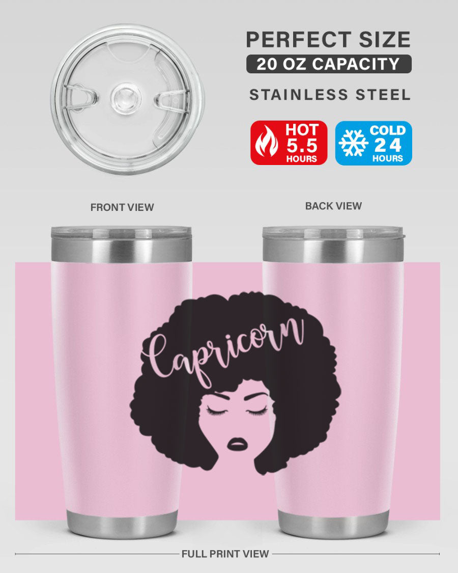 Capricorn52# 20oz Tumbler in stainless steel with a drink-thru lid, showcasing its sleek design and vibrant print.
