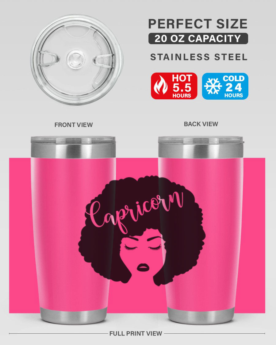 Capricorn52# 20oz Tumbler in stainless steel with a drink-thru lid, showcasing its sleek design and vibrant print.