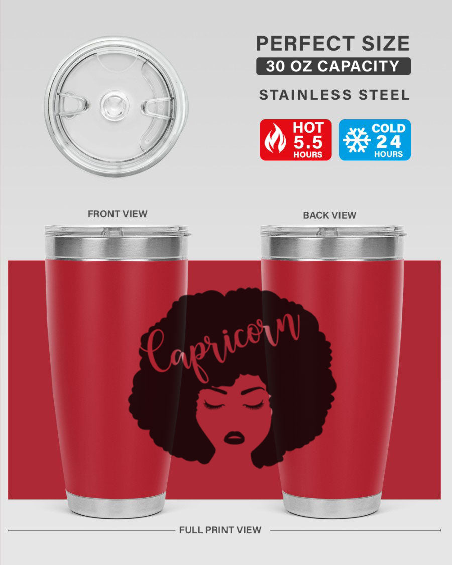 Capricorn52# 20oz Tumbler in stainless steel with a drink-thru lid, showcasing its sleek design and vibrant print.