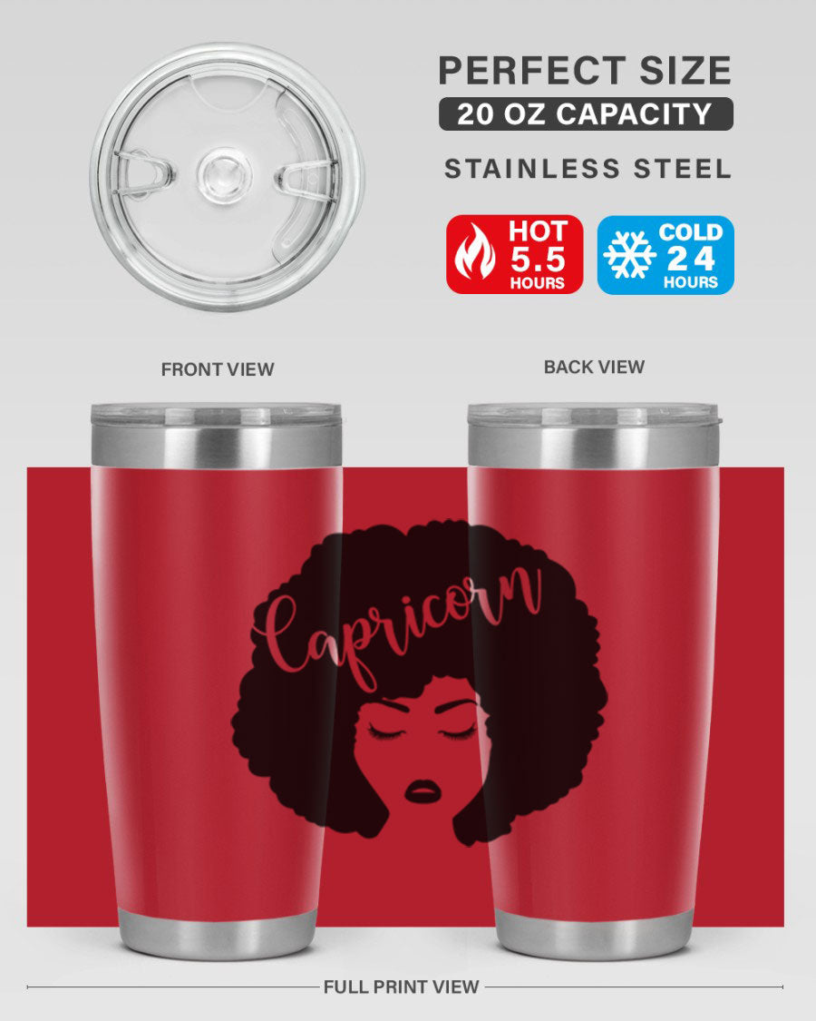 Capricorn52# 20oz Tumbler in stainless steel with a drink-thru lid, showcasing its sleek design and vibrant print.
