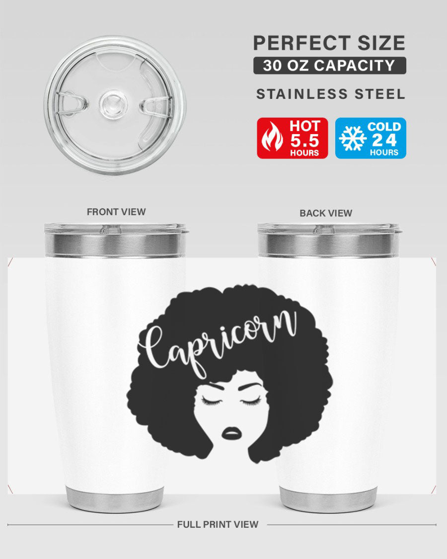 Capricorn52# 20oz Tumbler in stainless steel with a drink-thru lid, showcasing its sleek design and vibrant print.