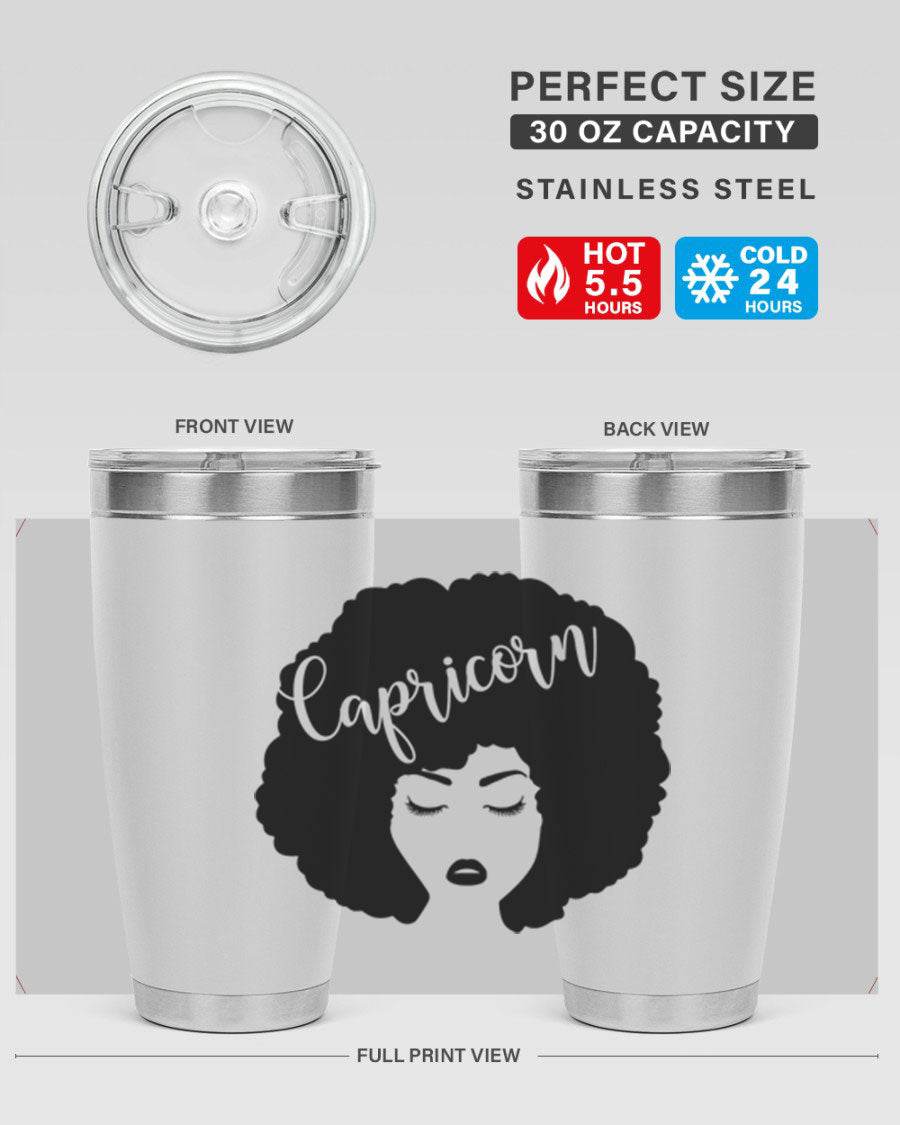 Capricorn52# 20oz Tumbler in stainless steel with a drink-thru lid, showcasing its sleek design and vibrant print.