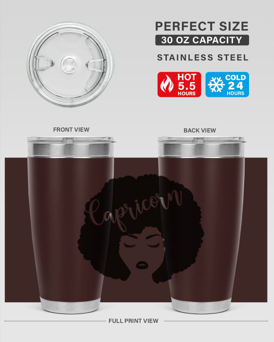 Capricorn52# 20oz Tumbler in stainless steel with a drink-thru lid, showcasing its sleek design and vibrant print.