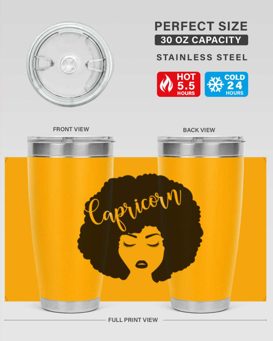 Capricorn52# 20oz Tumbler in stainless steel with a drink-thru lid, showcasing its sleek design and vibrant print.