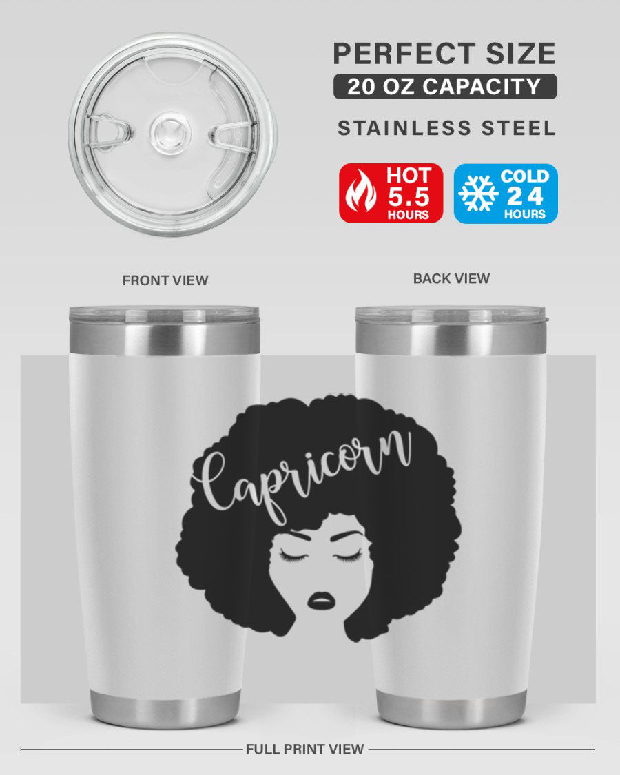 Capricorn52# 20oz Tumbler in stainless steel with a drink-thru lid, showcasing its sleek design and vibrant print.