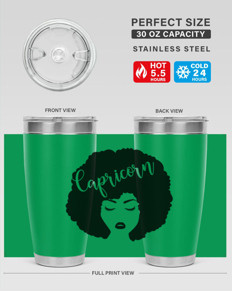 Capricorn52# 20oz Tumbler in stainless steel with a drink-thru lid, showcasing its sleek design and vibrant print.