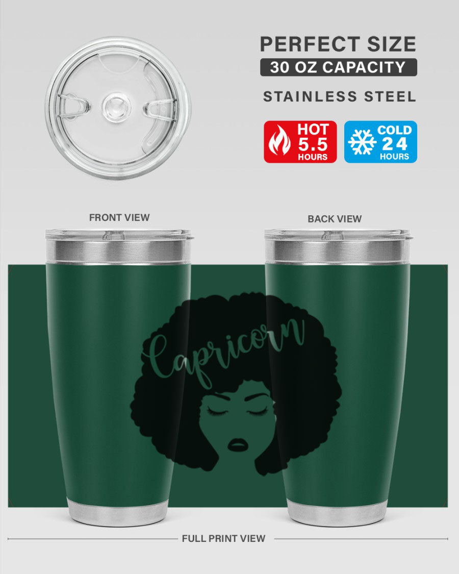 Capricorn52# 20oz Tumbler in stainless steel with a drink-thru lid, showcasing its sleek design and vibrant print.